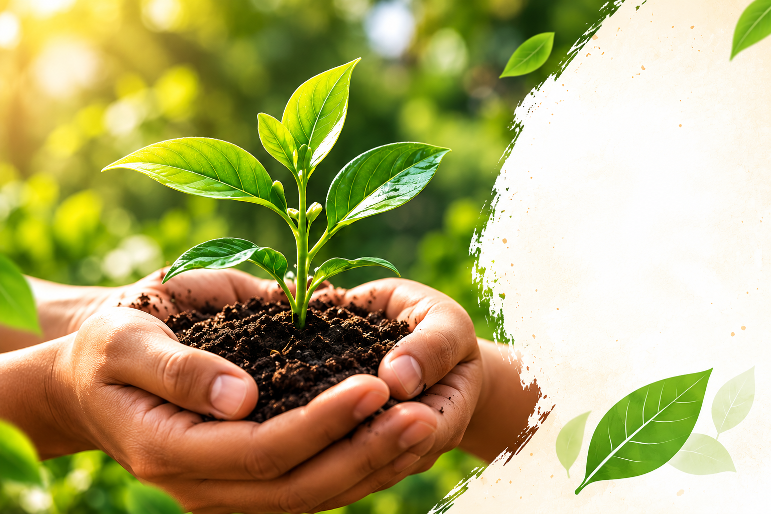 Hands nurturing a young green seedling