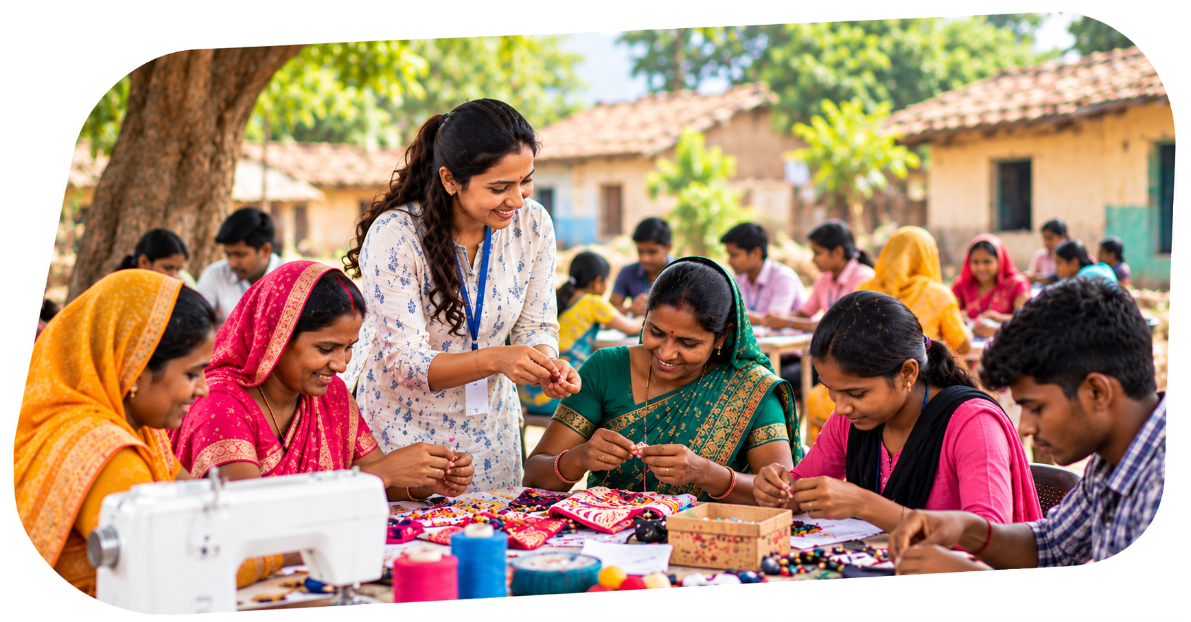 Women and youth participating in a skill development activity